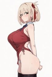 ai_generated ass big_ass big_breasts blonde_hair blush breasts from_side hair_ornament hands_behind_back large_ass looking_at_viewer lycoris_recoil nishikigi_chisato ribbon short_hair skindentation sweat thick_thighs thighhighs wide_hips