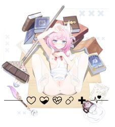 absurdres anus apron as_i've_written_(honkai:_star_rail) book breasts broom commentary_request cup cyrene_(honkai:_star_rail) cyrene_(philia093)_(honkai:_star_rail) female hair_ornament highres honkai:_star_rail honkai_(series) maid maid_apron mem_(honkai:_star_rail) mou_banlangen multicolored_hair nipples pink_hair pussy quilted_jacket short_hair small_breasts soles solo spill thighhighs toes two-tone_hair white_apron white_hair white_thighhighs