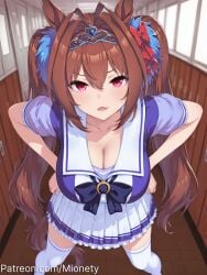 ai_generated animal_ears antenna_hair artist_name blue_shirt blush bow bowtie breasts brown_hair cleavage collarbone daiwa_scarlet_(umamusume) downblouse female frilled_skirt frills from_above hair_between_eyes hair_intakes hairbow hands_on_own_hips horse_ears horse_girl horse_tail horseshoe_ornament indoors large_breasts leaning_forward long_hair looking_at_viewer miniskirt mionety oerba_yun_fang open_mouth pleated_skirt puffy_short_sleeves puffy_sleeves purple_bow purple_shirt red_eyes sailor_collar sailor_shirt school_uniform serafuku shirt short_sleeves skirt solo standing summer_uniform tail thighhighs tiara tracen_school_uniform twintails twitter_username umamusume v-shaped_eyebrows very_long_hair white_sailor_collar white_skirt white_thighhighs wooden_floor zettai_ryouiki