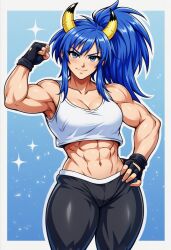 abs ai_generated big_ass big_breasts big_butt blue_eyes blue_hair bounty_ways female female_focus female_only horns leonie_c muscular muscular_female science_fiction side_ponytail tank_top tchickthick_thighs thick_legs