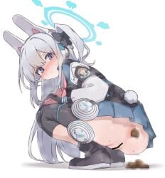 :< aku0 anal_prolapse animal_ear_headphones animal_ears ankle_boots ankle_socks anus ass ass_focus bar_censor black_boots black_bow black_gloves blue_archive blue_halo blue_skirt blue_socks blush blush_visible_through_hair boots bow censored closed_mouth clothes_writing colored_shoe_soles commentary defecating double-parted_bangs embarrassed english_text fake_animal_ears female from_behind from_below frown full_body gloves grey_hair hair_between_eyes hairbow halo hand_on_own_knee headphones heavy_breathing highres long_hair long_sleeves looking_at_viewer looking_back miniskirt miyako_(blue_archive) mosaic_censoring multicolored_gloves neckerchief no_panties nose_blush perineum petite pink_gloves pink_neckerchief pleated_skirt prolapse puckered_anus puffy_long_sleeves puffy_sleeves purple_eyes pussy rabbit_ear_headphones rabbit_ears rabbit_tail scat shadow sidelocks simple_background skirt smell socks solo squatting sweat tail tareme turtleheading two-tone_gloves two_side_up v-shaped_eyebrows very_long_hair white_background white_tail