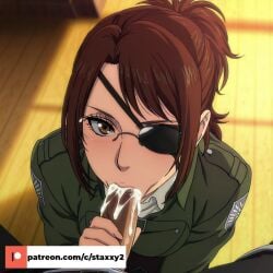 1female 1girls ai_generated ass ass_focus attack_on_titan big_breasts black_bra black_panties bra brown_hair eren_jaeger female glasses_on_head hange_zoe hanji_zoe panties round_ass round_butt seductive seductive_look shingeki_no_kyojin solo solo_female