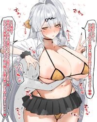 1boy 1girls absurdres bigger_female blush highres horn/wood older_female peace_sign smaller_male yixuan_(zenless_zone_zero) younger_male zenless_zone_zero