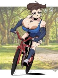 1futa alex_green_(nosunato) areola_slip areolae bicycle big_areola breasts breasts_bigger_than_head bulge bursting_breasts clothed clothing cycling earrings exercise futa_only futanari huge_areolae huge_breasts human hyper_breasts light-skinned_futanari light_skin mostly_clothed muscular muscular_futanari nosunato object_between_breasts outdoors pale_skin park phone riding_bicycle solo sweaty_breasts thick_thighs trees