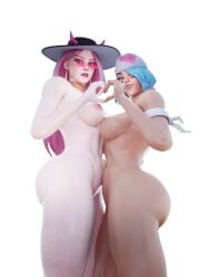 2girls 3:4 3d 3d_(artwork) abs ass big_breasts blender blowing_kiss blue_hair blush breasts brown_eyes dark_lipstick duo duo_female duo_focus earrings face_paint female female_only fit fit_female fortnite fortnite:_battle_royale glasses hair hand_heart harpy_haze_(fortnite) hat haze_(fortnite) heart horns light-skinned_female lipstick looking_at_viewer naked_female nezkort nude nude_female pale_skin pink_eyes pink_glasses pink_hair pink_lipstick simple_background skully_(fortnite) thick_thighs thighs unsatisfied valentine's_day waist