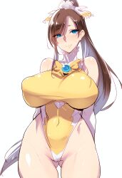 absurdres ai-generated ai_generated blue_eyes breasts brown_hair high_ponytail highres huge_breasts huge_thighs leotard magical_girl marina_stormforge non-web_source original ponytail