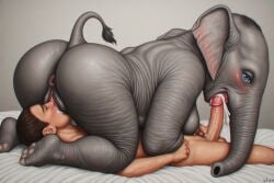 69_position ai_generated bedroom_sex cum_in_mouth elephant female human_on_anthro