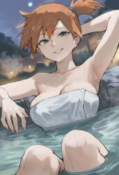 ai_generated alternative_bust_size arm_behind_head armpits asymmetrical_hair bare_shoulders bathing blush breasts clavicle cleavage female fingernails full_moon green_eyes grin kasumi_(pokemon) knees_up large_breasts looking_at_viewer moon nail_polish naked_towel night night_sky one_arm_up onsen orange_hair outdoors partially_submerged pink_nails pokemon pokemon_character ponytail short_hair side_ponytail sitting sky smile steam tied_hair towel water wet white_towel