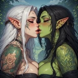 2girls ai_generated black_hair blush clothed_female elf_female fantasy female_only forest goblin_female hair_ornament jewelry kissing large_breasts long_hair married_couple monster_girl passionate piercings pointy_ears romantic tattoo tattoo_on_chest tattoo_on_head tattoo_on_neck tattooed_arm white_hair wife_and_wife yuri
