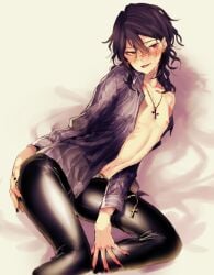 1boy bed_sheet bishounen black_hair black_nails black_pants blush collared_shirt commentary_request cowboy_shot cross cross_necklace cum cum_on_body cum_on_hair double-parted_bangs ensemble_stars! facial grey_shirt hair_between_eyes hand_on_own_ass hand_on_own_leg implied_yaoi jewelry linea_alba long_sleeves looking_at_viewer lying male_focus medium_hair nail_polish navel necklace nipples nose_blush on_bed on_side open_clothes open_shirt pants partially_undressed red_eyes ribs sakuma_rei_(ensemble_stars!) shiny_clothes shiny_legwear shirt single_off_shoulder solo stomach striped_clothes striped_shirt takakura_aki third-party_source tight_clothes tight_pants tongue tongue_out tsurime vertical-striped_clothes vertical-striped_shirt wavy_hair