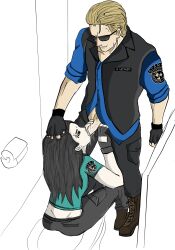 1boy 1girls albert_wesker blowjob bottomwear clothing erection fellatio female female_human fingerless_gloves footwear gloves handwear human male male_human oral original_character penis resident_evil resident_evil_remake scar topwear