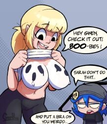 2025 2girls beanie big_breasts black_eyes blonde_hair blue_background blue_eyeshadow blue_hair bodypaint breasts ear_piercing eyebrow_piercing female female_only flashing flashing_breasts gorllus gwen_(gorllus) halloween leggings nipples original original_character original_characters painted_breasts piercings sarah_(gorllus) shirt_lift sister_(lore) sisters text text_bubble tied_hair white_eyes