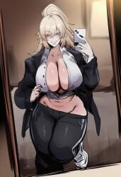 1girls ai_generated ass big_ass big_breasts blazer blonde_female blonde_hair blue_eyes breasts female ksyra ksyraarts long_hair nude nude_female phone phone_camera shirt solo solo_female solo_focus