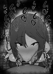 1boy 1girls :>= bar_censor black_and_white blush censored dark-skinned_male dark_skin deepthroat detailed_background dress fate/grand_order fate_(series) fellatio female kurotama long_hair looking_at_viewer male monochrome oral oral_sex penis pointless_censoring pov sketch solo_focus sound_effects squatting straight text tongue_out yu_mei-ren_(fate)