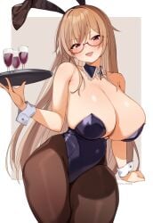 arrogant black_bunny_ears black_leotard black_pantyhose blush bunny_ears bunny_girl bunnysuit choco_tanuki cleavage curvy furen_e_lustario glasses huge_breasts leotard looking_at_viewer nijisanji serving_drink smile thick_thighs tray v-shaped_eyebrows virtual_youtuber wide_hips