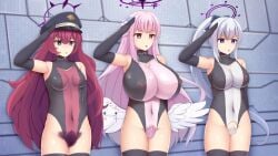 blue_archive blue_eyes brainwashing corruption crotch_cutout halo iroha_(blue_archive) leotard mika_(blue_archive) miyako_(blue_archive) nipples_visible_through_clothing pink_hair pubic_hair red_hair salute tagme tagme_(artist) white_hair yellow_eyes
