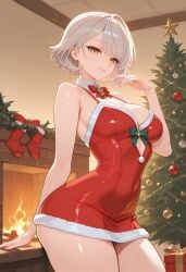 ai_generated arm_support bangs bare_arms bare_shoulders bell bow bowtie box breasts christmas christmas_ornaments christmas_tree cleavage closed_mouth covered_navel cowboy_shot detached_collar dress female fire fireplace fur-trimmed_dress fur_trim gift gift_box hand_up indoors large_breasts looking_at_viewer minus5 original_character red_bow red_bowtie red_dress santa_dress shiny short_dress short_hair sleeveless sleeveless_dress smile solo spaghetti_strap swept_bangs thighs white_hair yellow_eyes