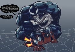 2boys bent_over bodysuit commentary drooling english_commentary english_text gradient_background grey_background hand_on_another's_head highres huge_cock imminent_penetration long_tongue male_only marvel monster_boy multiple_boys muscular muscular_male penis precum saliva sharp_teeth silk size_difference slime_boy somedivs speech_bubble spider-man spider-man_(series) spider-sense_(spider-man) spider_web superhero_costume surprised teeth tongue venom_(marvel) very_long_tongue yaoi
