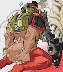 armored_male back_view bara cum cum_drip cum_dripping cum_dripping_from_anus cum_dripping_from_ass cum_in_ass cum_inside grabbing grabbing_ass grabbing_own_ass gun hairy_ass halo jaxcian jockstrap male masked masked_male masked_men masked_only master_chief muscular muscular_male