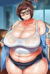 ai_generated bare_shoulders bbw belly black-framed_eyewear breasts brown_eyes brown_hair cameltoe chubby_female cleavage coat collarbone covered_nipples curvy female glasses hair_bun hair_ornament hair_stick huge_breasts looking_at_viewer mei_(overwatch) mongrealai navel overwatch overwatch_2 plump see-through shiny_skin short_hair short_shorts shorts single_hair_bun smile solo sweat tank_top thick_arms thick_thighs thighs wet wet_clothes wet_shirt