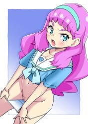 aqua_eyes aqua_serafuku asortofcolorfag belt censored female flat_chest from_above groin highres large_variant_set laura_la_mer looking_at_viewer looking_up miyagoe_yoshitsuki mosaic_censoring navel open_mouth panties panty_pull pink_hair precure pulling_own_clothes pussy school_uniform serafuku solo thick_eyebrows tropical-rouge!_precure underwear variant_set white_panties