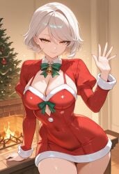 ai_generated arm_support bangs bell bow bowtie breasts christmas christmas_ornaments christmas_tree cleavage closed_mouth clothing_cutout covered_navel cowboy_shot dress female fire fireplace fur-trimmed_dress fur_trim green_bow green_bowtie hand_up indoors juliet_sleeves large_breasts long_sleeves looking_at_viewer minus5 original_character puffy_sleeves red_dress santa_costume shiny short_dress short_hair smile solo swept_bangs thighs waving white_hair yellow_eyes