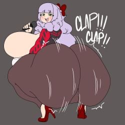 blush clapping_cheeks drill_hair english_text green_eyes high_heels hime_cut huge_ass huge_breasts inakotho jacket kodou-sama_(cownon) lavender_hair long_hair massive_ass massive_breasts microphone rapping smug sound_effects tagme twerking yoga_pants
