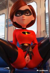 1girls ai_generated artist_name ass belt black_footwear black_gloves bodysuit boots breasts brown_eyes brown_hair disney domino_mask elastigirl female gloves helen_parr hi_res latex latex_gloves lips lustboxai mask medium_breasts pixar pussy red_bodysuit short_hair skin_tight solo spread_legs spread_pussy squatting superhero superheroine the_incredibles the_incredibles_2 thigh_boots train_interior uncensored