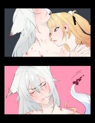 1boy 1girls 2koma bite_mark blonde_hair cat_boy cat_ears cat_humanoid cissia_(zenless_zone_zero) hoyoverse implied_oral kiss_mark long_hair nude nude_female nude_male potatoblins red_eyes severian_lowell sfw snake_girl white_hair zenless_zone_zero