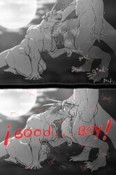 ambiguous_species anthro balls begging big_penis bodily_fluids breasts claws deep_throat digitigrade dripping duo english_text genital_fluids genitals gynecomastia hi_res holding_head huge_cock humanoid_genitalia humanoid_penis interspecies larger_male leaking_precum male male/male monster muscular muscular_anthro muscular_male neck_bulge oral oral_penetration penetration penis precum precum_drip precum_string rough_oral rough_sex saggy_balls saliva sarquiat sex size_difference smaller_male text unknown_species