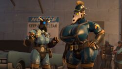 2boys 2boys2girls 2fort 2girls alcohol badge big_ass big_breasts blu_base bones car demoman_(team_fortress_2) face_covered fempyro gas_mask grenade hand_on_hip helmet horns i_did_it_like_this! latex_suit scarf schwacker shocked shocked_female size_difference skull sniper_(team_fortress_2) vehicle