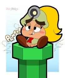 blonde_hair blush bottomless clothed clothing enjoying_the_go eyebrows eyelashes fairyfudge fangs fart female gassy genitals goombella hair half-closed_eyes headgear implied_scat improper_toilet_use makeshift_toilet mario_bros narrowed_eyes nintendo on_toilet paper_mario paper_mario:_the_thousand_year_door pipe poop_desperation pooping_in_toilet potty_time relieved scat shirt sitting sitting_on_toilet solo straining teeth toilet toilet_use topwear vulva warp_pipe