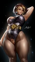 bbw big_ass big_breasts brown_eyes brown_hair dark_skin domina huge_breasts moonlen-jack open_clothes overwatch pussy short_hair taller_female thick_legs thick_thighs thighs tights