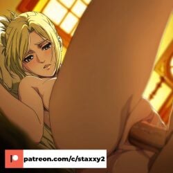 1boy ahe_gao ai_generated all_fours annie_leonhardt aqua_eyes artist_name ass attack_on_titan back bangs barefoot bed bed_sheet blonde_hair blue_eyes blush braid breasts eren_jaeger female half-closed_eyes hanging_breasts heavy_breathing indoors large_breasts long_hair looking_at_viewer looking_back medium_breasts nipples nude open_mouth parted_bangs ponytail saliva sex_from_behind shingeki_no_kyojin shiny_hair sidelocks solo straight sweat tongue tongue_out top-down_bottom-up