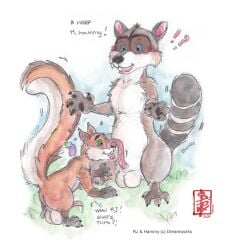 2026 aroused balls big_balls dialogue dreamworks dreamworks_animation duo eggplant_emoji erection exclamation_point fennec_(artist) feral focused genitals hammy_(over_the_hedge) interspecies male male/male mammal oral over_the_hedge painting_(artwork) paramount_pictures procyonid question_mark raccoon raised_tail rj_(over_the_hedge) rodent sciurid size_difference size_play surprised tail text traditional_media_(artwork) tree_squirrel watercolor_(artwork)