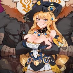 1girls 2boys :p ai_generated blonde_hair blue_eyes churlbaitqueen dark-skinned_male genshin_impact grabbing_arm groping hand_on_another's_chest hilichurls_(species) interracial large_breasts navia_(genshin_impact) smiling_at_viewer teasing tongue_out