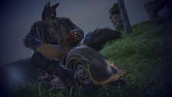 16:9 anthro big_penis canid canine canis clothing felid final_fantasy final_fantasy_xiv final_fantasy_xiv:_stormblood flannoit genital_piercing genitals hi_res hrothgar leather leather_clothing lupin_(ffxiv) male mammal motorcycle muzzle_(object) muzzled outside penis penis_piercing piercing solo square_enix valentino_(flannoit) vehicle widescreen wolf