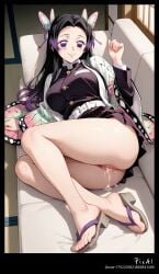 1girl 4k 8k ai_generated belt black body breasts butt butterfly coat content couch explicit feets female full hair high kanae_kocho kimetsu_no_yaiba kochou_kanae legs long lying masterpiece mature nsfw on ornament pants perfect polished quality resolution sandals shirt sleeves smile solo thighs toenails toes wet_pussy white wide
