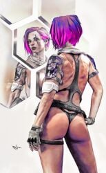 1girls ass back_view big_penis female marco_turini original original_character pink_hair scar science_fiction solo traditional_media_(artwork) two-tone_hair