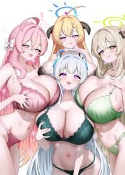 4girls absurdres ahoge akari_(blue_archive) aya-cis black_bra black_horns black_panties blonde_hair blue_archive blue_halo blush bow bra braid breast_press breasts brown_hair cleavage commentary_request dryness_squad grabbing_own_breast green_bra green_eyes green_halo green_panties hair_between_eyes hairbow halo hanako_(blue_archive) headgear heart heart-shaped_pupils highres horns long_hair looking_at_viewer midriff multiple_girls navel noa_(blue_archive) nonomi_(blue_archive) open_mouth panties pink_background pink_bra pink_hair pink_halo pink_panties purple_eyes side_braid single_braid smile sweat symbol-shaped_pupils thighs tongue tongue_out underwear underwear_only very_long_hair white_bow white_hair