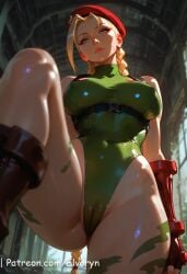 ai_generated beret blonde_hair blue_eyes boots braid breasts cameltoe cammy_white covered_navel elvoryn female female_on_cloth female_only fingerless_gloves from_below gloves green_leotard hat highleg highleg_leotard large_breasts leotard lips long_hair looking_at_viewer red_headwear solo standing street_fighter thighs twin_braids
