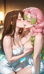 ai_generated bangs brown_eyes brown_hair demon_slayer groping groping_breasts hot_spring kanroji_mitsuri kimetsu_no_yaiba kissing kissing_with_tongue laugh laughing long_hair making_out mitsuri_kanroji mizuki_hoshizora onsen original_character pale_skin romantic romantic_couple soft_breasts
