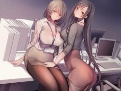 2girls amane_ruri ass bangs binder black_hair black_sweater bra_visible_through_clothes breasts brown_eyes brown_legwear brown_skirt cleavage closed_mouth collared_shirt desk duo duo_focus eyebrows_visible_through_hair grey_hair grey_skirt hand_on_another's_thigh head_tilt indoors large_breasts long_hair looking_at_viewer medium_hair monitor multiple_girls name_tag office office_lady on_desk original pantyhose pantylines pencil_skirt ribbed_sweater shirt sitting sitting_on_desk skirt smile standing sweater white_shirt