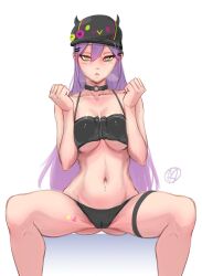 bra breasts cameltoe choker demon demon_girl demon_horns devil devil_girl female hat holoforce hololive hololive_japan horns leg_band myth1c panties purple_hair spread_legs steam steamy_breath thong tokoyami_towa virtual_youtuber