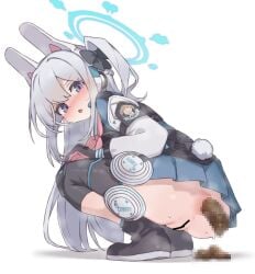 aku0 anal_prolapse animal_ear_headphones animal_ears ankle_boots ankle_socks anus ass ass_focus bar_censor black_boots black_bow black_gloves blue_archive blue_halo blue_skirt blue_socks blush blush_visible_through_hair boots bow censored chestnut_mouth clothes_writing colored_shoe_soles commentary defecating double-parted_bangs embarrassed english_text fake_animal_ears female from_behind from_below full_body gloves grey_hair hair_between_eyes hairbow halo hand_on_own_knee headphones heavy_breathing highres long_hair long_sleeves looking_at_viewer looking_back miniskirt miyako_(blue_archive) mosaic_censoring multicolored_gloves neckerchief no_panties nose_blush open_mouth perineum petite pink_gloves pink_neckerchief pleated_skirt prolapse puckered_anus puffy_long_sleeves puffy_sleeves purple_eyes pussy rabbit_ear_headphones rabbit_ears rabbit_tail scat shadow sidelocks simple_background skirt smell socks solo squatting sweat tail tareme tongue two-tone_gloves two_side_up v-shaped_eyebrows very_long_hair white_background white_tail