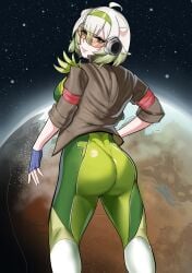 1girls ahoge ass back big_ass female ferret_girl fingerless_gloves green_eyes green_hair indie_virtual_youtuber laimu large_ass nicoguer rimworld short_hair tight_clothing virtual_youtuber vtuber white_hair