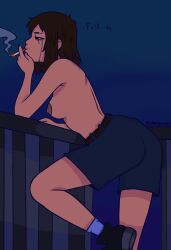 ankle_socks black_shoes breakup brown_hair brown_skin cigarette jorts mommyscatx runny_makeup sad shirtless_female smoking tired_eyes wet_hair