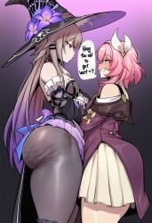 2d 2girls ai_generated ass bare_shoulders big_ass big_butt big_thighs black_headwear blue_eyes blush breasts brown_hair bubble_butt cyrene_(honkai:_star_rail) cyreneceo detached_sleeves dress english english_text flower grin hat hat_flower height_difference herta_(honkai:_star_rail) honkai:_star_rail huge_ass huge_butt large_ass large_breasts large_butt large_thighs long_hair looking_at_another pantyhose pink_hair purple_eyes rule_63 shorter_female size_difference skirt small_breasts smile speech_bubble taller_female text the_herta_(honkai:_star_rail) thick_ass thick_butt thick_thighs thighs witch_hat yuri