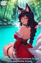 adjusting_hair ahri ahri_(league_of_legends) ai_assisted ai_generated big_breasts black_hair breasts caption clothed clothed_female comic curvy curvy_body curvy_female female female_focus female_only fox_ears fox_girl fox_tail large_breasts league_of_legends long_hair looking_at_viewer looking_back moonwool_branch outdoors sitting slit_pupils solo solo_female solo_focus tail talking talking_to_viewer thick_ass thick_thighs thighs uncensored very_long_hair wet yellow_eyes