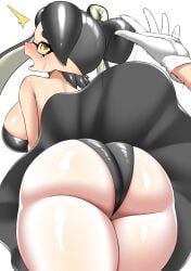 2girls ass ass_focus big_ass big_breasts black_hair blush callie_(alterna) callie_(splatoon) huge_ass huge_breasts inkling inkling_girl marie_(splatoon) mole mole_under_eye mouth_open nintendo nobunagapero offscreen_female peronattu skirt_lift splatoon splatoon_(series) splatoon_3 splatoon_3:_return_of_the_mammalians suprised_look sweat thick_thighs thighs white_gloves yellow_eyes